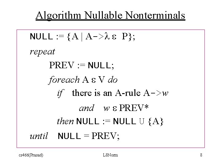 Algorithm Nullable Nonterminals NULL : = {A | A->l e P}; repeat PREV :