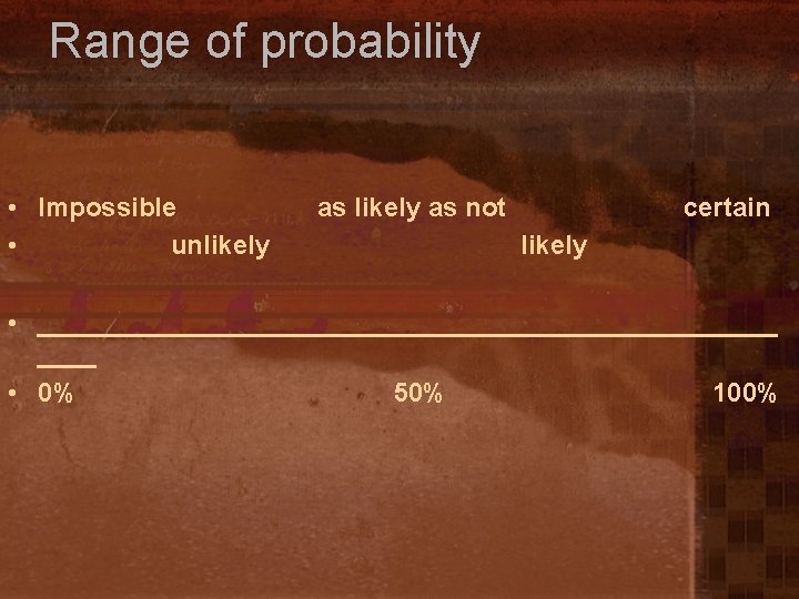 Range of probability • Impossible • unlikely as not certain likely • _________________________ •