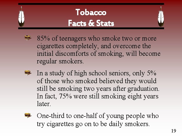 Tobacco Facts & Stats 85% of teenagers who smoke two or more cigarettes completely,
