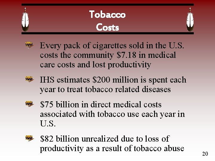 Tobacco Costs Every pack of cigarettes sold in the U. S. costs the community