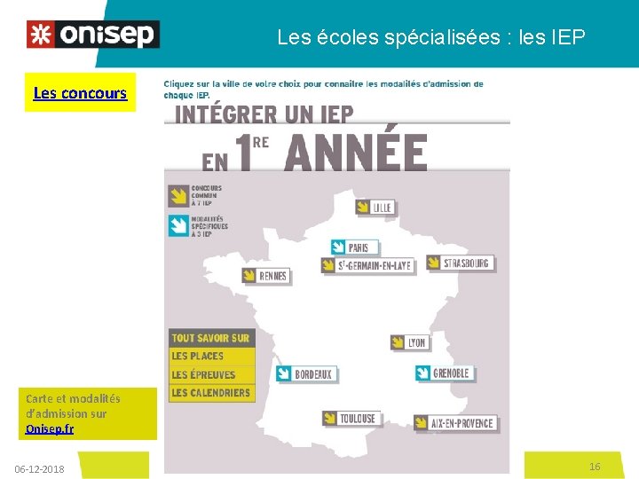 Les écoles spécialisées : les IEP Les concours Carte et modalités d’admission sur Onisep.