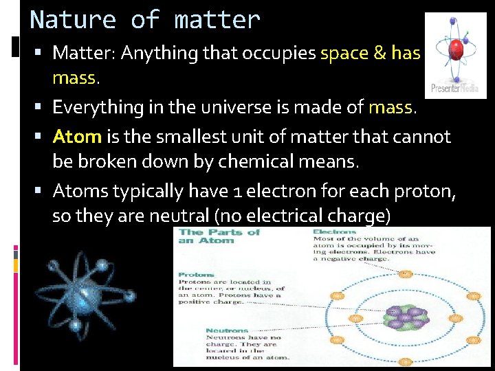 Nature of matter Matter: Anything that occupies space & has mass. Everything in the
