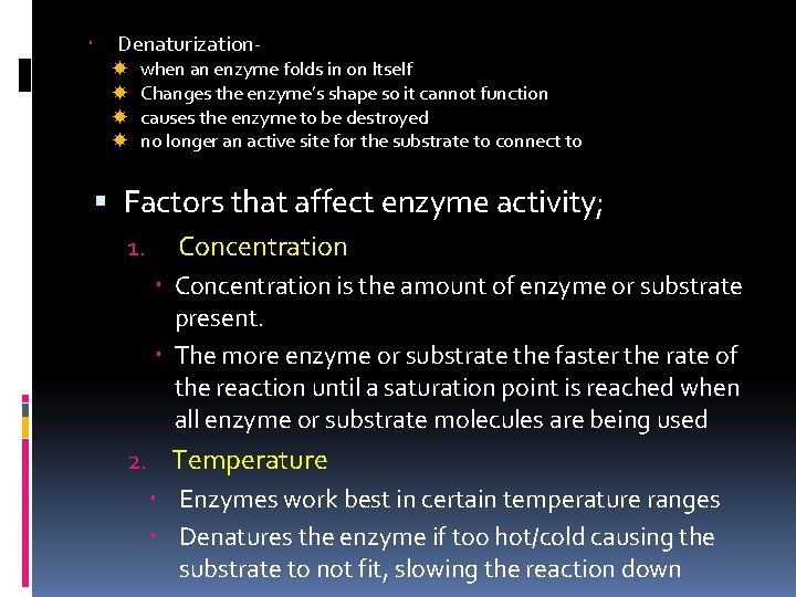  Denaturization when an enzyme folds in on Itself Changes the enzyme’s shape so