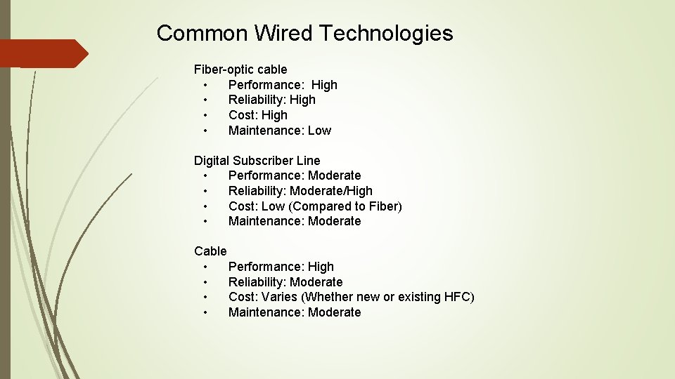 Common Wired Technologies Fiber-optic cable • Performance: High • Reliability: High • Cost: High