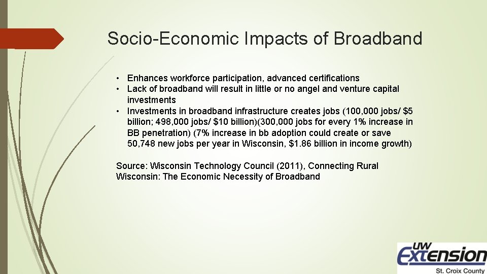 Socio-Economic Impacts of Broadband • Enhances workforce participation, advanced certifications • Lack of broadband