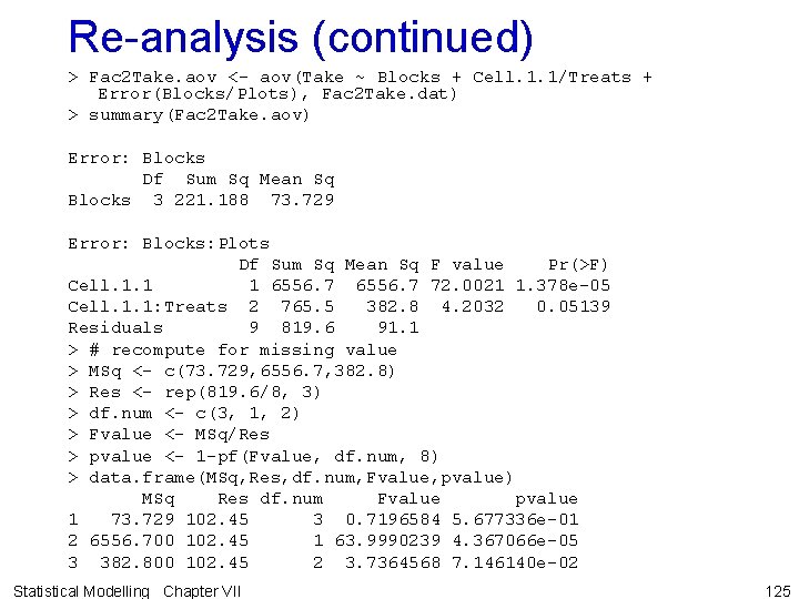 Re-analysis (continued) > Fac 2 Take. aov <- aov(Take ~ Blocks + Cell. 1.