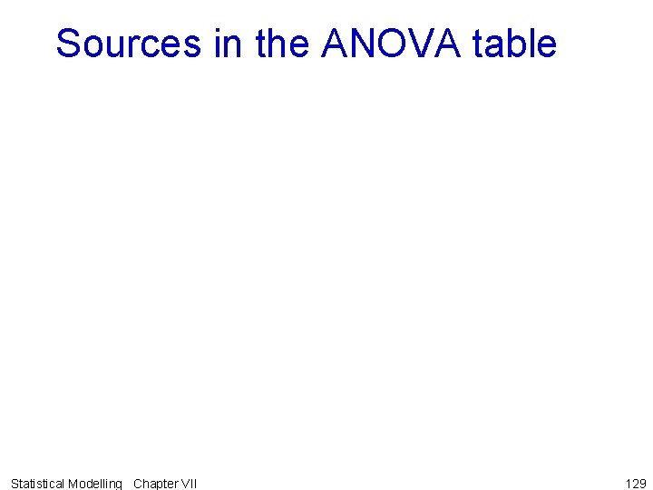 Sources in the ANOVA table Statistical Modelling Chapter VII 129 