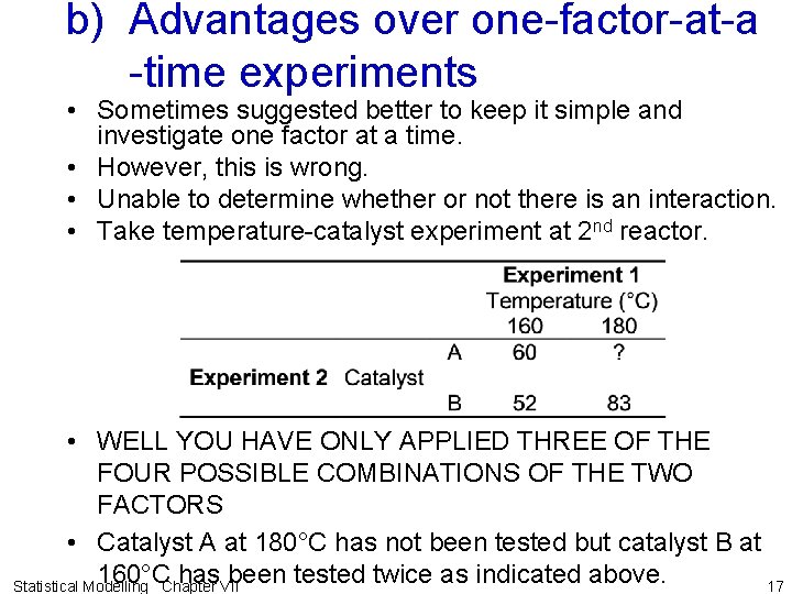 b) Advantages over one-factor-at-a -time experiments • Sometimes suggested better to keep it simple
