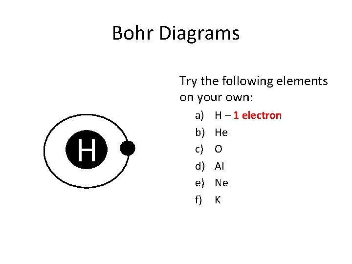 Bohr Diagrams Try the following elements on your own: H a) b) c) d)