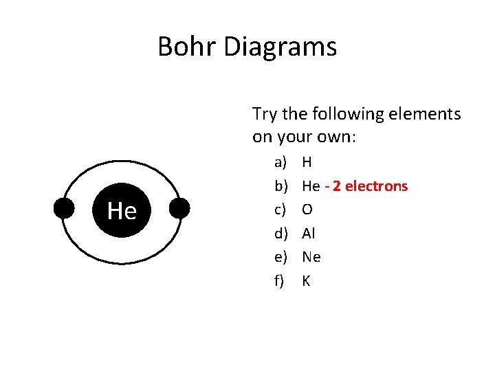 Bohr Diagrams Try the following elements on your own: He a) b) c) d)