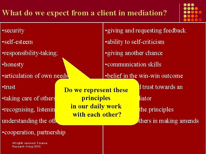 What do we expect from a client in mediation? • security • giving and