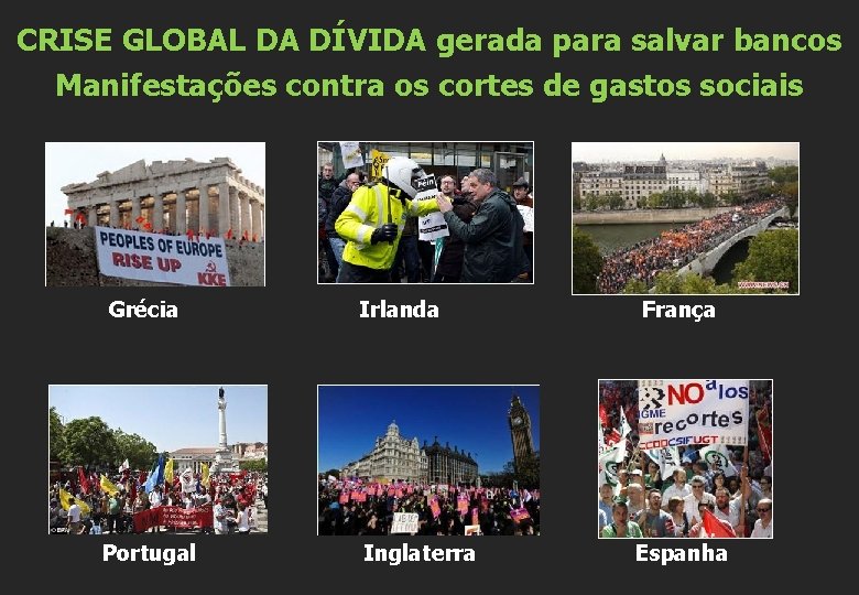 CRISE GLOBAL DA DÍVIDA gerada para salvar bancos Manifestações contra os cortes de gastos