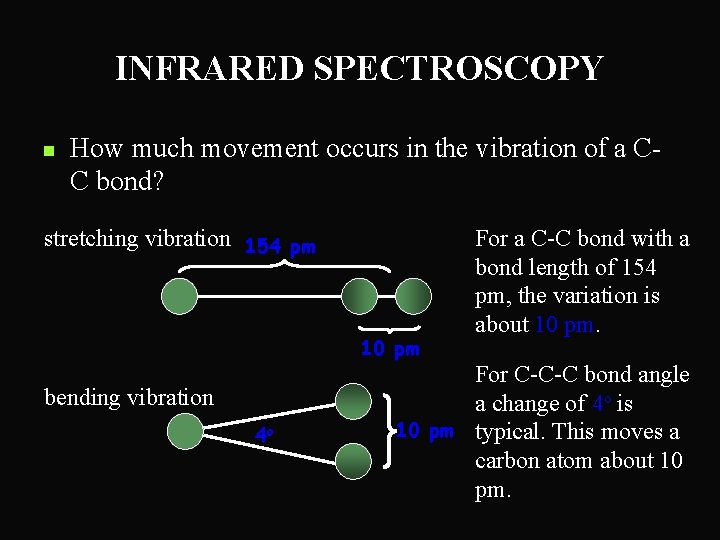 INFRARED SPECTROSCOPY n How much movement occurs in the vibration of a CC bond?