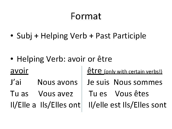 Format • Subj + Helping Verb + Past Participle • Helping Verb: avoir or