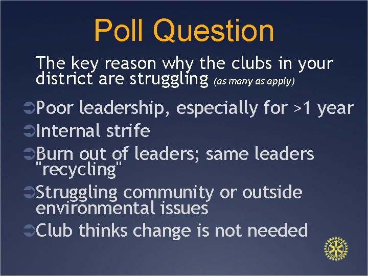 Poll Question The key reason why the clubs in your district are struggling (as