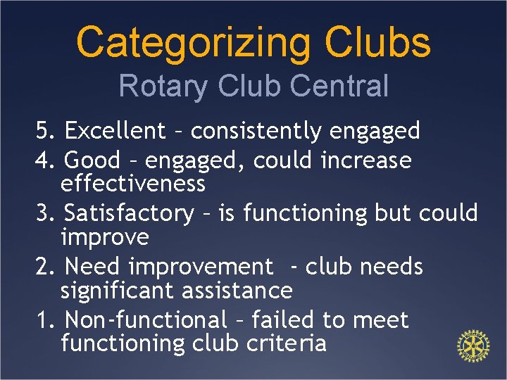Categorizing Clubs Rotary Club Central 5. Excellent – consistently engaged 4. Good – engaged,