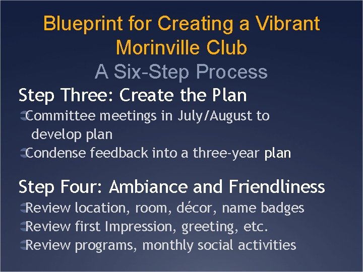 Blueprint for Creating a Vibrant Morinville Club A Six-Step Process Step Three: Create the