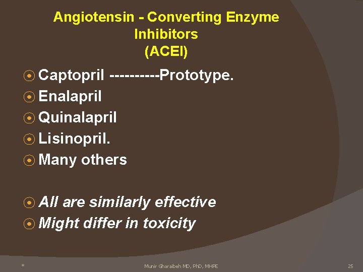 Angiotensin - Converting Enzyme Inhibitors (ACEI) ⦿ Captopril -----Prototype. ⦿ Enalapril ⦿ Quinalapril ⦿