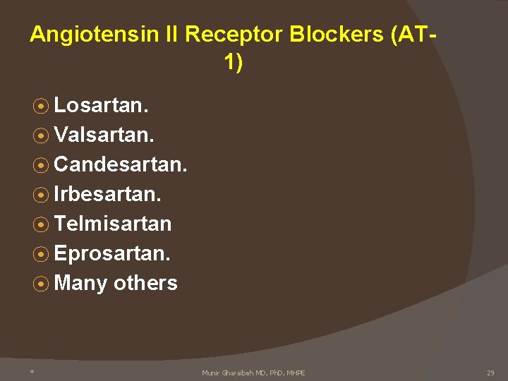 Angiotensin II Receptor Blockers (AT 1) ⦿ Losartan. ⦿ Valsartan. ⦿ Candesartan. ⦿ Irbesartan.