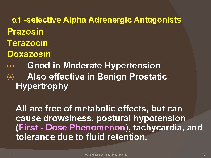 α 1 -selective Alpha Adrenergic Antagonists Prazosin Terazocin Doxazosin ⦿ Good in Moderate Hypertension