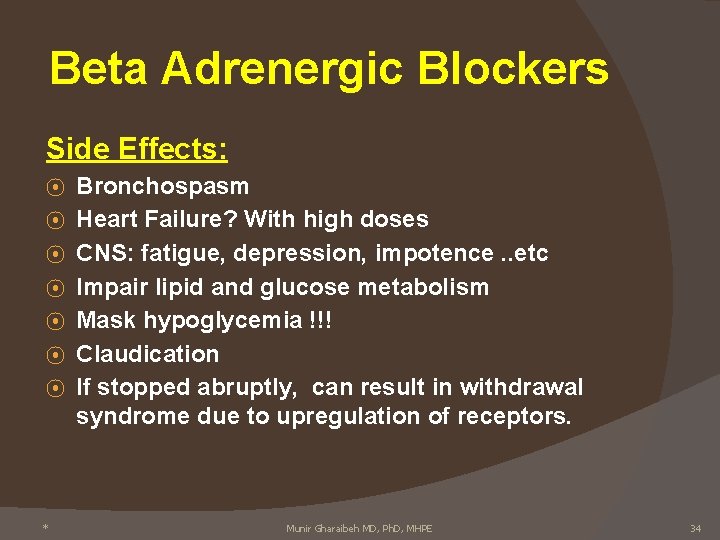 Beta Adrenergic Blockers Side Effects: ⦿ ⦿ ⦿ ⦿ * Bronchospasm Heart Failure? With