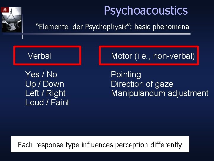 Psychoacoustics “Elemente der Psychophysik”: basic phenomena Verbal Motor (i. e. , non-verbal) Yes /