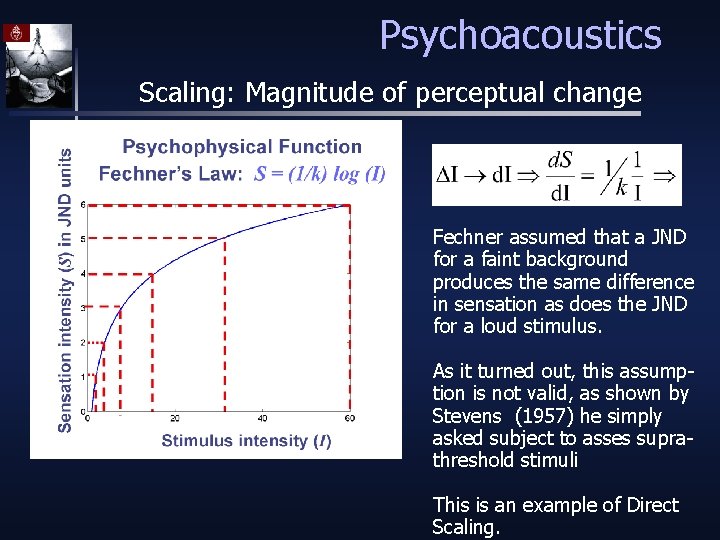 Psychoacoustics Scaling: Magnitude of perceptual change Fechner assumed that a JND for a faint