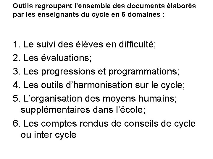 Outils regroupant l’ensemble des documents élaborés par les enseignants du cycle en 6 domaines