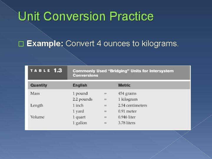 Unit Conversion Practice � Example: Convert 4 ounces to kilograms. 