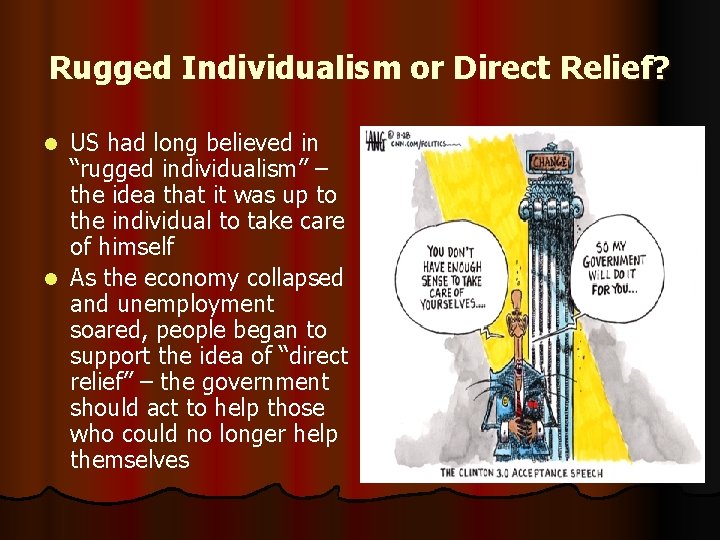 Rugged Individualism or Direct Relief? US had long believed in “rugged individualism” – the