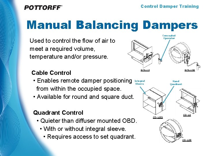 Control Damper Training Manual Balancing Dampers Concealed Operator Used to control the flow of