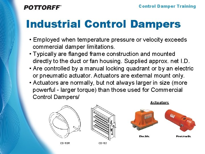 Control Damper Training Industrial Control Dampers • Employed when temperature pressure or velocity exceeds
