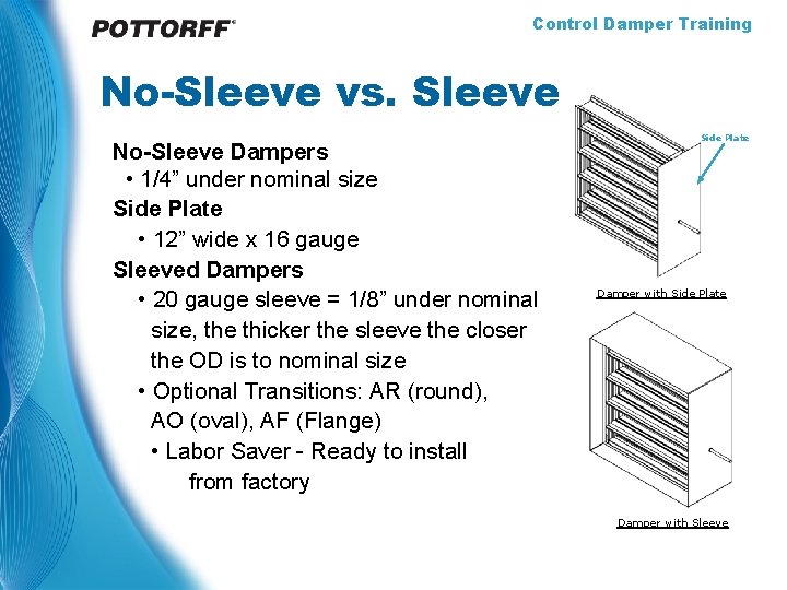 Control Damper Training No-Sleeve vs. Sleeve No-Sleeve Dampers • 1/4” under nominal size Side