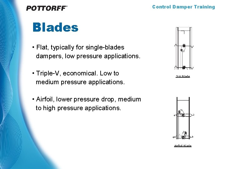 Control Damper Training Blades • Flat, typically for single-blades dampers, low pressure applications. •