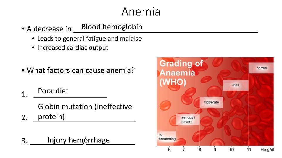 Anemia Blood hemoglobin • A decrease in _______________________ • Leads to general fatigue and