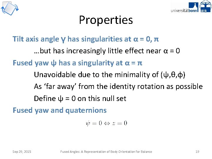 Properties Tilt axis angle γ has singularities at α = 0, π …but has