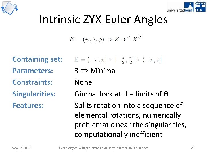 Intrinsic ZYX Euler Angles Containing set: Parameters: Constraints: Singularities: Features: Sep 29, 2015 3