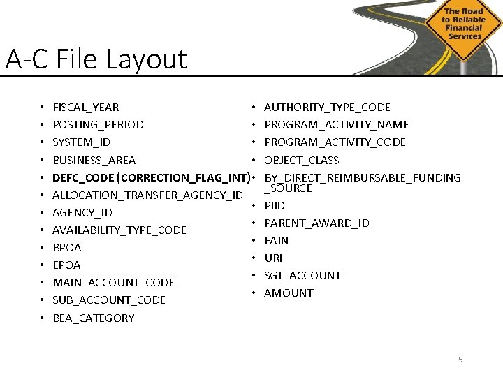 A-C File Layout • • • • FISCAL_YEAR • POSTING_PERIOD • SYSTEM_ID • BUSINESS_AREA