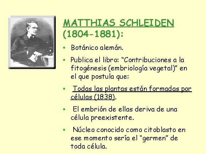MATTHIAS SCHLEIDEN (1804 -1881): • Botánico alemán. • Publica el libro: “Contribuciones a la