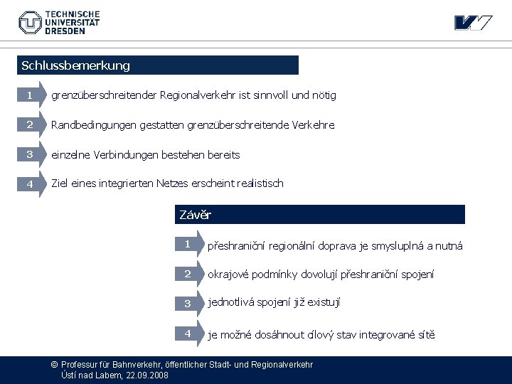 Schlussbemerkung 1 grenzüberschreitender Regionalverkehr ist sinnvoll und nötig 2 Randbedingungen gestatten grenzüberschreitende Verkehre 3