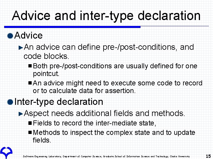 Advice and inter-type declaration Advice An advice can define pre-/post-conditions, and code blocks. Both Advice and inter-type declaration Advice An advice can define pre-/post-conditions, and code blocks. Both