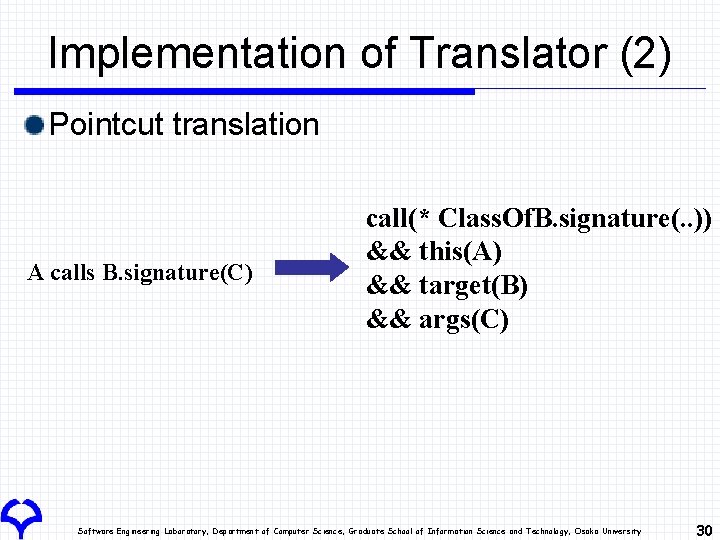 Implementation of Translator (2) Pointcut translation A calls B. signature(C) call(* Class. Of. B. Implementation of Translator (2) Pointcut translation A calls B. signature(C) call(* Class. Of. B.
