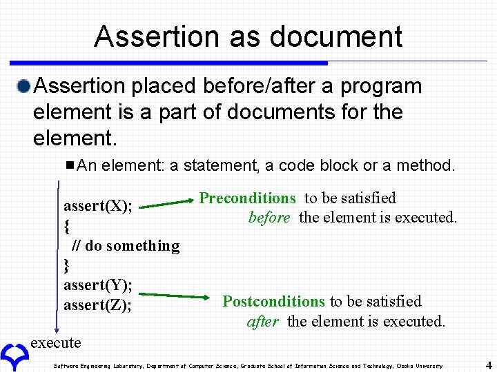 Assertion as document Assertion placed before/after a program element is a part of documents Assertion as document Assertion placed before/after a program element is a part of documents