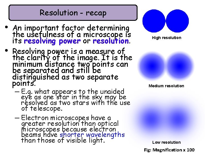 Resolution - recap • • An important factor determining the usefulness of a microscope