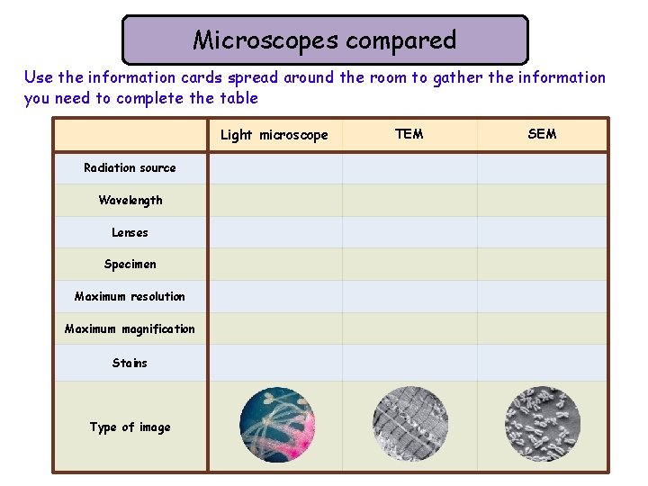 Microscopes compared Use the information cards spread around the room to gather the information