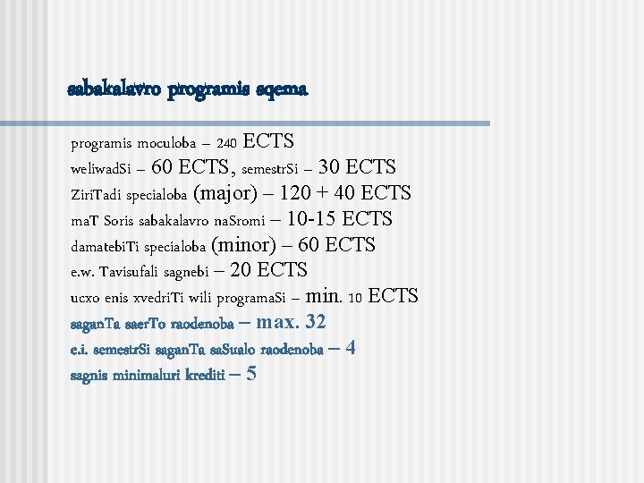 sabakalavro programis sqema programis moculoba – 240 ECTS weliwad. Si – 60 ECTS, semestr.