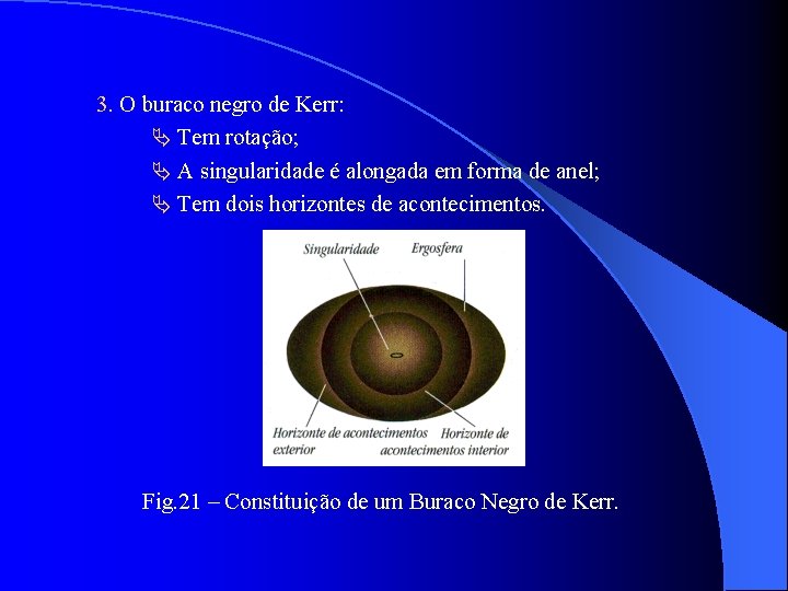 3. O buraco negro de Kerr: Tem rotação; A singularidade é alongada em forma