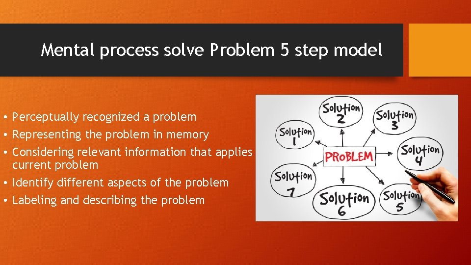 Mental process solve Problem 5 step model • Perceptually recognized a problem • Representing