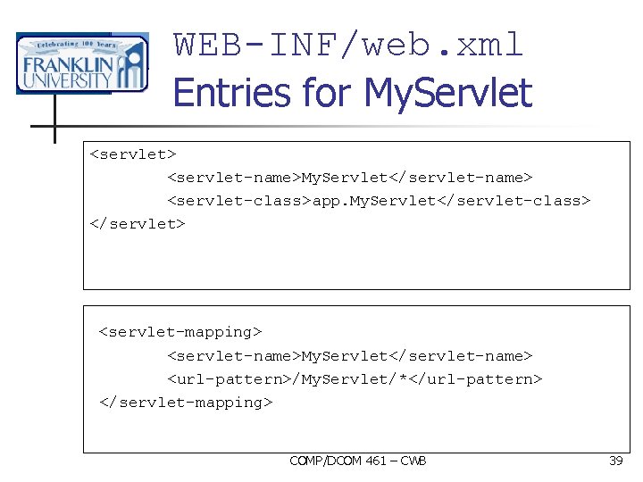 WEB-INF/web. xml Entries for My. Servlet <servlet> <servlet-name>My. Servlet</servlet-name> <servlet-class>app. My. Servlet</servlet-class> </servlet> <servlet-mapping>