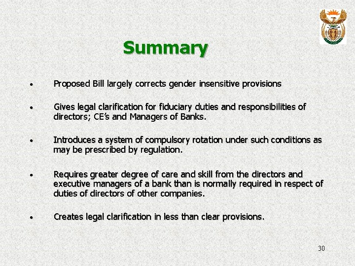 Summary · Proposed Bill largely corrects gender insensitive provisions · Gives legal clarification for